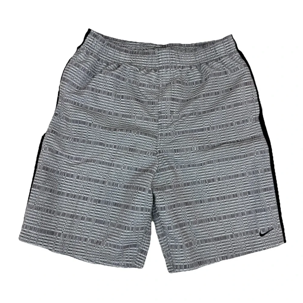 Nike Men's Swim Trunks Sz Medium Gray White Distorted Grid Print 9